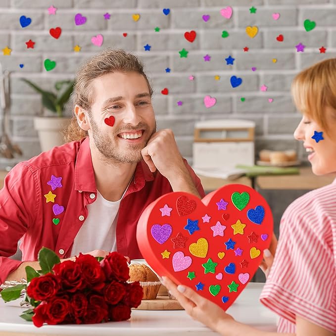 300 PCS Glitter Heart Stickers, Colorful Self Adhesive Foam Star Heart Stickers, Arts Craft Mini Star Bulk for Valentine Crafts DIY Greeting Card Envelopes Scrapbooking