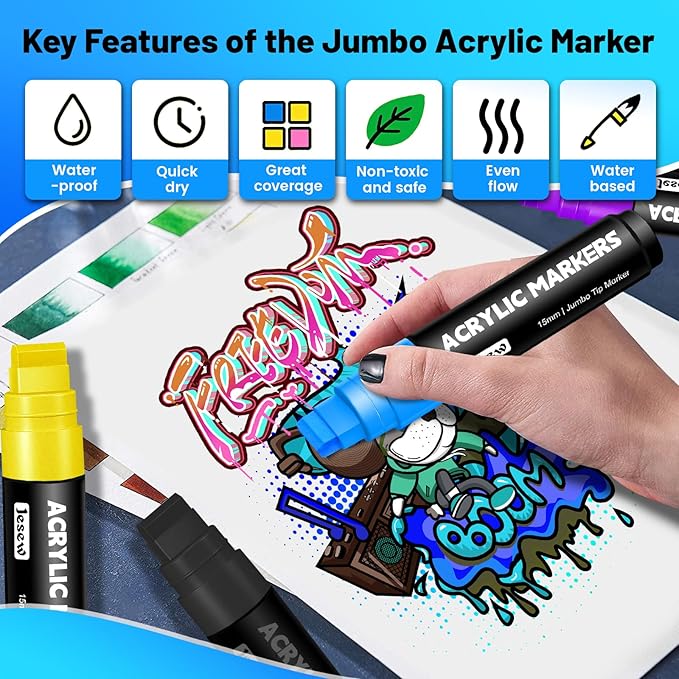 Acrylic Paint Markers – 12 Colors Jumbo Markers with 15mm Felt Tip Paint Pens, Waterproof Permanent Ink for Rock Painting, Stone, Ceramic, Glass, Wood, Canvas, Outdoor Art & Signs