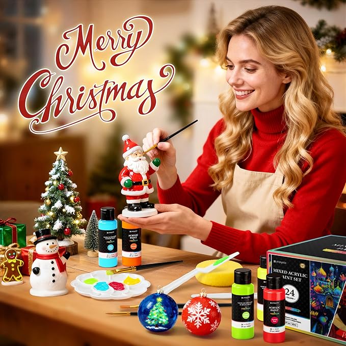 40 PCS Classic & Glow in the Dark Acrylic Paint Set with 12 Brushes, 2 Knives & Palette, 24 Colors Art Craft Paint for Beginners, Canvas Ceramic Rocks Wood Painting Kit Art Supplies