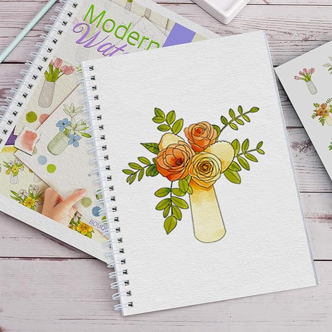 Watercolor Workbook for Beginners with Step-by-Step - 12 Watercolor Coloring Pages - 100% Cotton 300gsm/140lb Watercolor Paper - Gift for Women,Adults, Teens (Bouquet)