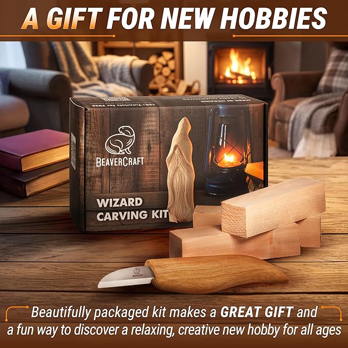 BeaverCraft Whittling Kit for Beginners, Wood Carving Kit for Beginners - Wood Carving Tools Woodworking Kit for Adults and Teens - Whittling Knife Kit with Wood Blocks - Wood Carving Set DIY03 Wizard