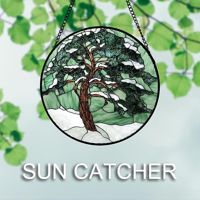 Stained Glass Window Hanging 4 Pcs Set Forest Green Trees Winter Snow Large 15" - Suncatcher Door Garden Sun Catcher Home Decor Birthday Mother's Day for Woman Nana Mom Men