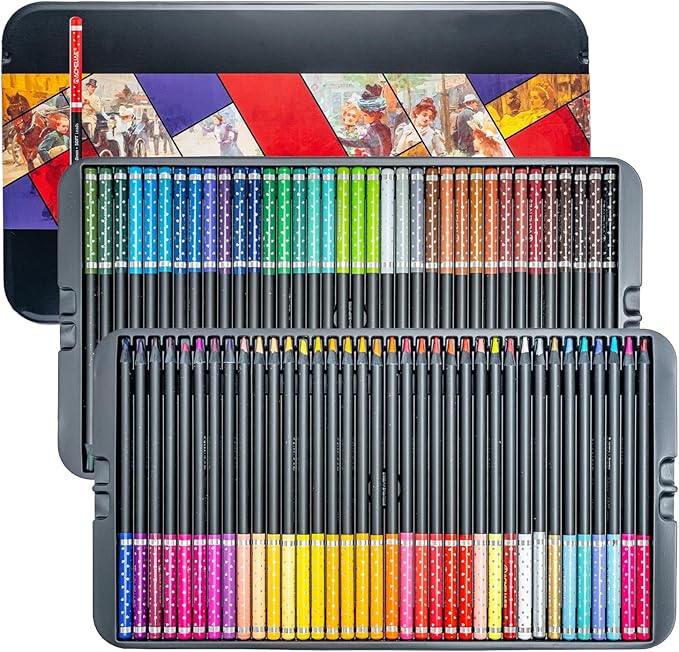 Black Wood Professional Colored Pencils Set, Oil-Based, 4mm Soft Core for Artists, Drawing, Sketching, Shading, Blending, Layering, Adult Coloring Books, Pre-Sharpened in Metal Tin Box (72 Colors)
