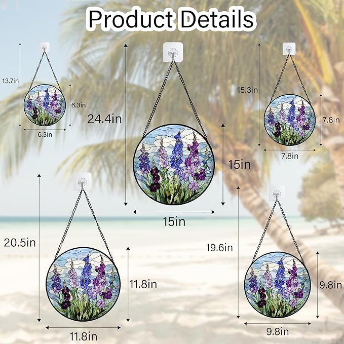 Stained Glass Window Hanging - Blue Purple Delphinium Suncatcher for Door Garden Home Decor Birth Flower Sun Catcher Birthday for Friend Lovers Women Mom Nana 11.8 in