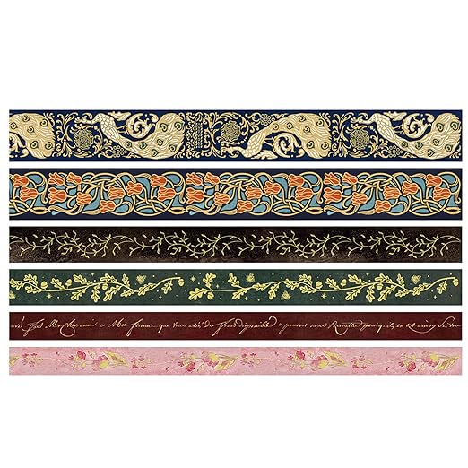 YUBX Vintage Washi Tape Set 6 Rolls Wide Retro Decorative Gold Foil Antique Patterns Masking Tapes for Arts, DIY Crafts, Journals, Planners, Scrapbook, Wrapping