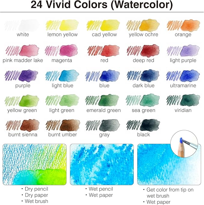 COLOUR BLOCK 24PC Premium Cedar Wood Watercolor Pencil Set with I Ideal pencil kit for Drawing, Sketching, Coloring and Painting travel watercolor pencils