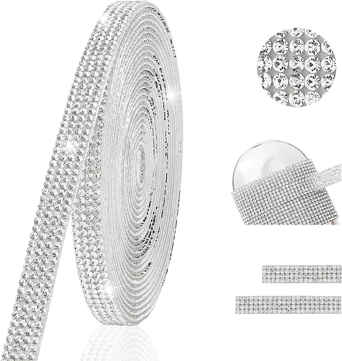 4-Yard Rhinestone Ribbon Self Adhesive Crystal Rhinestones, 4-Rows Bedazzling Strips, 4-Yard Rhinestone Strips for DIY Craft, Rhinestones for Crafting, Home Decor, Transparent Crystal