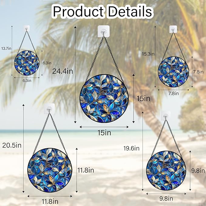 Stained Glass Window Hanging - Blue Gold Abstract Flowers Suncatcher for Door Terrace Garden Home Decor, Plant Sun Catcher Birthday Gifts for Lovers Women Men Dad Mom Nana 7.8 in