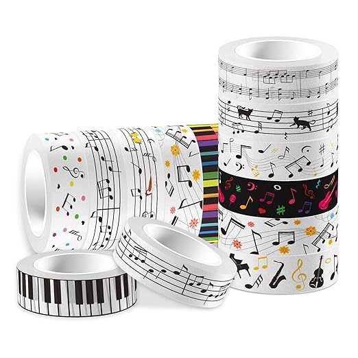 12 Pcs Music Notes Washi Tapes Set Black White Guitar Piano Keys Vintage Masking Tape Music Themed Decorative Tape Musical Note Printed Decorative for DIY, Planner, Scrapbooking, and Party Decor