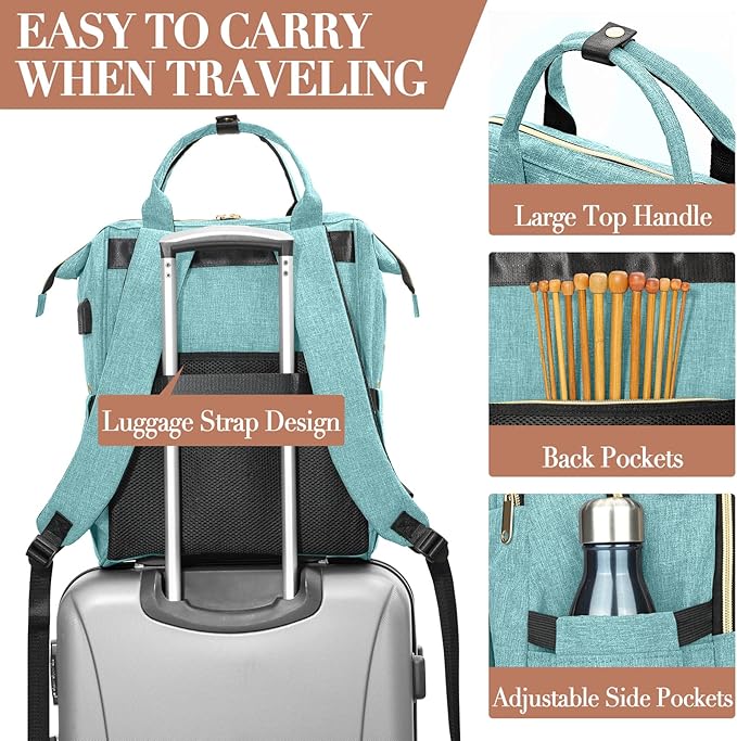 Knitting Bag Backpack, Yarn Organizer with USB Charging Port, Quilted Backpack for Women, Christmas Gifts Large Travel Crochet Bag Totes for Crochet Hooks, Knitting Needles, Yarn Supplies, Teal