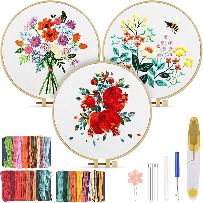 TINDTOP Embroidery Kit for Adult Beginners, Flowers Embroidery Kit for Beginners Include Embroidery Cloth Hoops Threads for Craft Lover Hand Stitch with Embroidery Skill Techniques