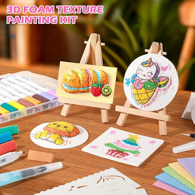 80 Pcs Magic 3D Foam Texture Painting Kit, Magic Puffy Paint Kit, Including 48 Pcs Foam Texture Paper, 24 Colors Acrylic Marker Pen, 4 Drawing Templates, 2 Water Brushes, Art Painting Kits (Pink)