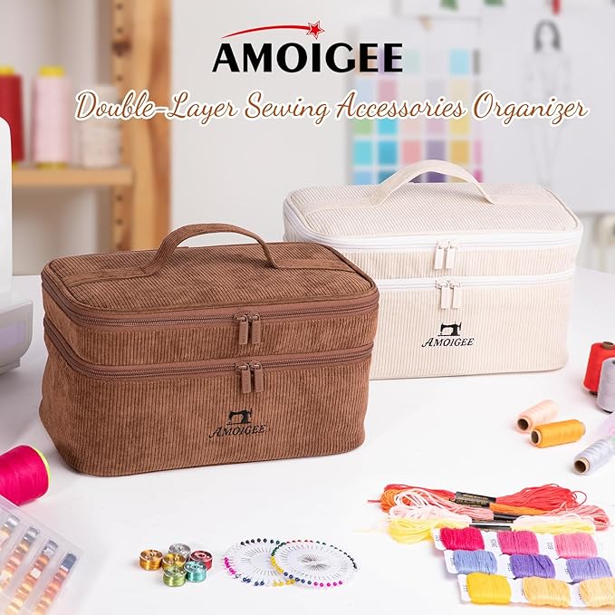 AMOIGEE Double-Layer Sewing Accessories Organizer with Pin Cushion – Large Sewing Storage Bag for Thread, Notions & Tools – Portable Travel Sewing Tote for Quilting, Embroidery & Crafts Gift (BagOnly)