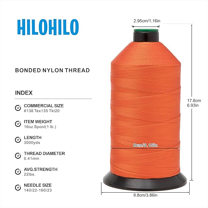 Extra Strong Bonded Nylon Thread #138 Tex135 – 16 OZ, 3000yds, Versatile Stitching Solution for Leather, Upholstery, Canvas Repair and More (Orange)