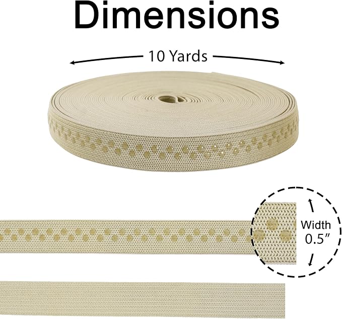 Mandala Crafts 0.5 Inch Elastic Silicone Gripper Tape for Clothing - 10 Yds Dotted Non Slip Elastic Band for Sewing - Beige Silicone Flat Fabric Stretchy Ribbon Straps