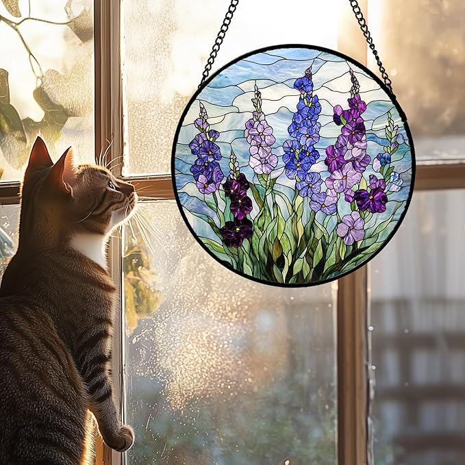 Stained Glass Window Hanging - Blue Purple Delphinium Suncatcher for Door Garden Home Decor Birth Flower Sun Catcher Birthday for Friend Lovers Women Mom Nana 15 in