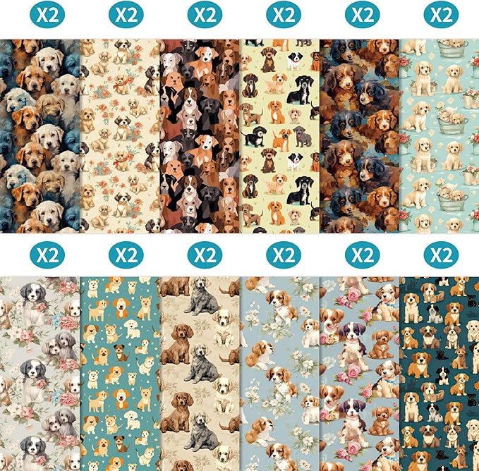 24 Sheet Puppy Scrapbook Craft Paper, Vintage Animal Scrapbook Paper Pad, 6"×6” DIY Decorative Craft, Junk Journal Gift Card Making Supplies