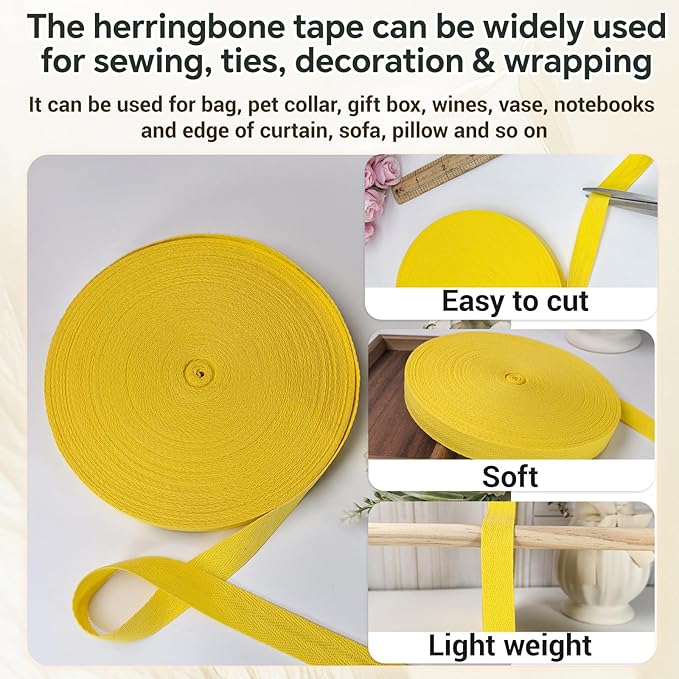 Yellow Twill Tape 3/4 Inch Wide - 40 Yards Herringbone Cotton Webbing Bias Binding Tape for Sewing, Crafting, DIY Projects, Pet Collars, Gift Wrapping and Home Decoration