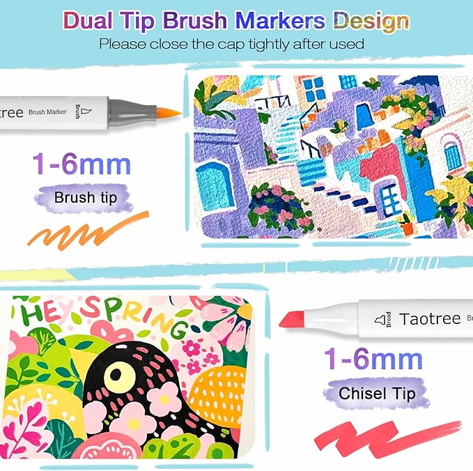 Taotree Alcohol Brush Markers Set Art Supplies, 61 Colors Dual Tip Art Coloring Markers Pens, Brush & Chisel Tip Sketch Pens, Drawing Supplies Gift for Artist Adult Coloring Book Painting, Sketching