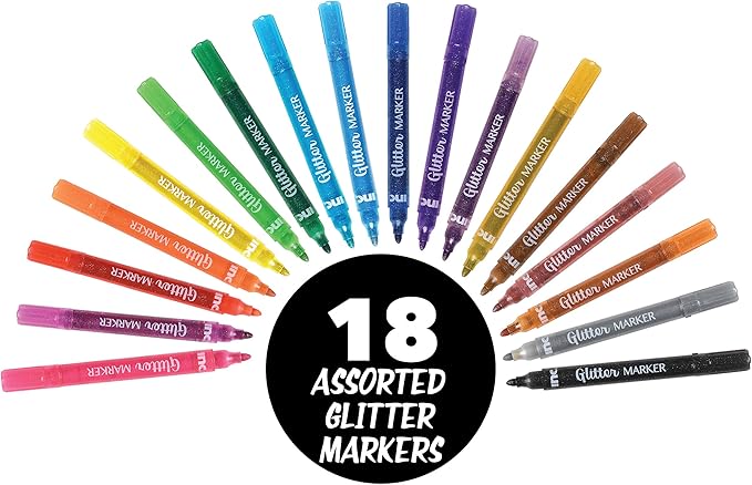Inc. Multicolor Glitter Markers - 18 Assorted Colors, Sparkly Non-Toxic Water-Based Marker Set, Bullet Point Tip for Drawing, Coloring, Doodling, Journaling, Scrapbooking, DIY Art and Craft Projects