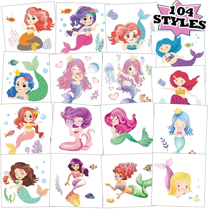 104 PCS Mermaid Temporary Tattoos for Kids Girls Birthday Decorations, Mermaid Fake Temp Tattoos Party Favors for Under The Sea Party Decorations Supplies