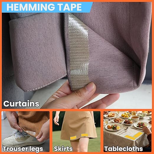 Double Sided Fabric Tape Heavy Duty for Hem, Fashion Dress, Curtains, Carpet, High Adhesive Sticky but Removable, No Sewing or Ironing Need, 1in x 33FT/10m x 4Rolls