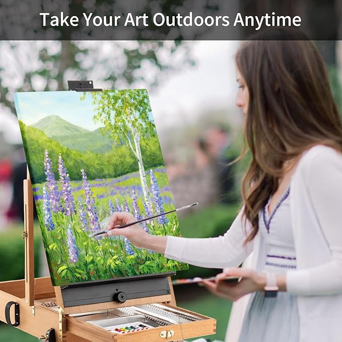 Falling in Art 4 Legs Beechwood French Easel - Portable Plein Air Studio Easel Stand with Bigger Storage Drawer, Full Size Sketchbox Travel Easel for Painting, Drawing, Artwork Display, Natural