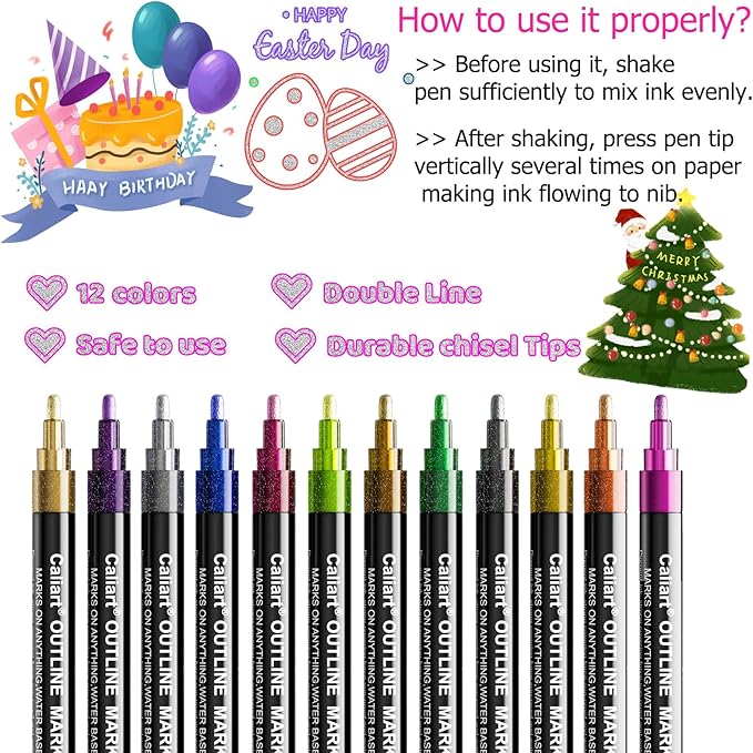 Caliart 12 Colors Outline Markers Shimmer Glitter Pens, Doodling Marker Set for Kids Teen Girls Adults, Birthday Gifts Trendy Stuff, Cool Fun Craft Drawing Art Supplies