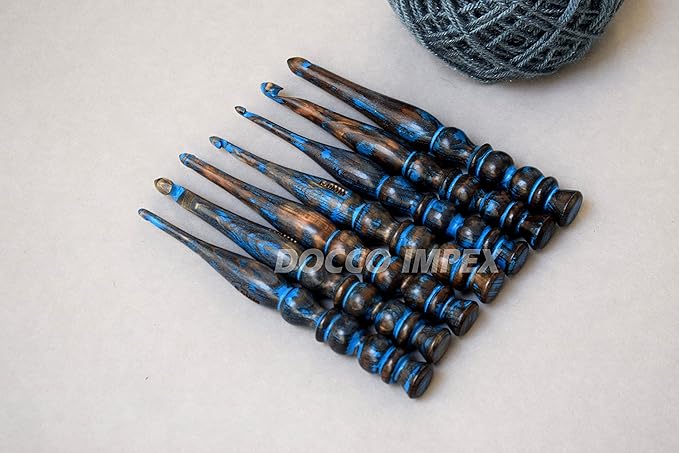 Handmade Ergonomic Wooden Crochet Hooks for Arthritic Hands (Set of 7) Needles for Yarn Accessories | Size 4 mm to 10 mm with Engraved | Yarn Tool (Blue)