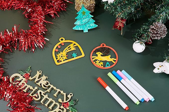 Artmag 50pcs Unfinished Wooden Hanging Ornaments for Christmas Decorations,5 Styles DIY Wood Slices with Holes for Crafts Centerpieces Holiday Hanging Decorations