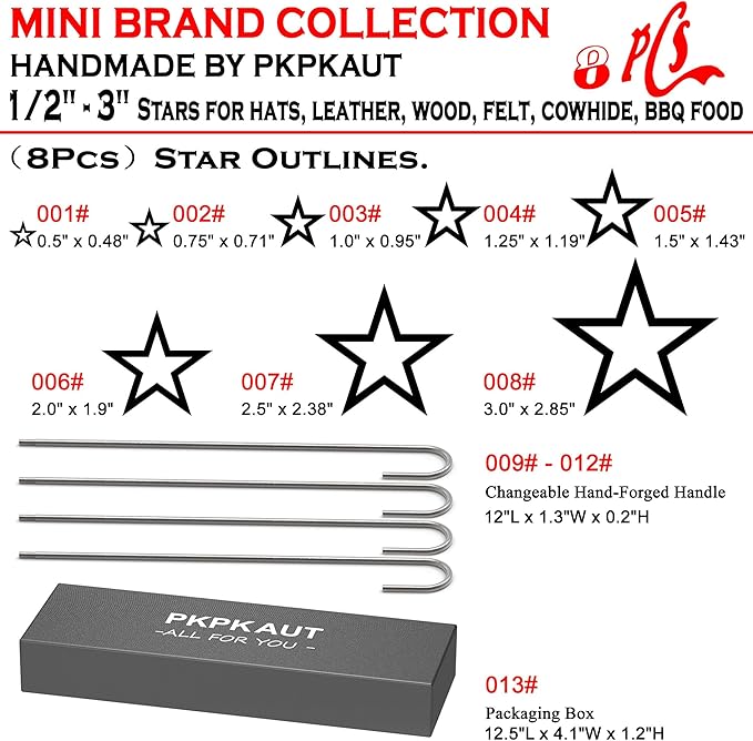 8Pcs Mini 1/2"-3" Branding Irons, Star Outlines Custom Wood Branding Iron Personalized for Wood Working, Leather Hats, Felt, Cowhide, BBQ Brander & Bread Logo, Steak Branding Iron for Food