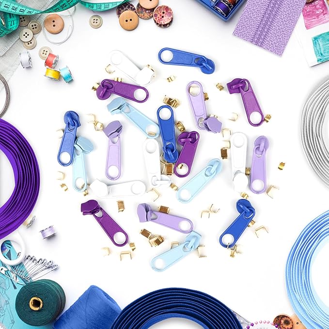 DOITEM 15.3 Yards/ 14 m 5 Pieces Assorted Colors #3 Nylon Coil Zippers, Sewing Zippers Endless Zips with 20 Pieces Zipper Sliders Zip Heads for DIY Sewing Tailor Craft Supplies (Purple Blue White)