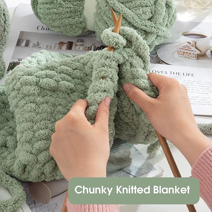 HOMBYS Sage Green Chunky Chenille Yarn for Hand Knitting,Fluffy Soft Jumbo Yarn Crocheting,Super Bulky Big Yarn for Chunky Blanket,Large Thick Arm Knitting Yarn,8 Pack Plush Yarn