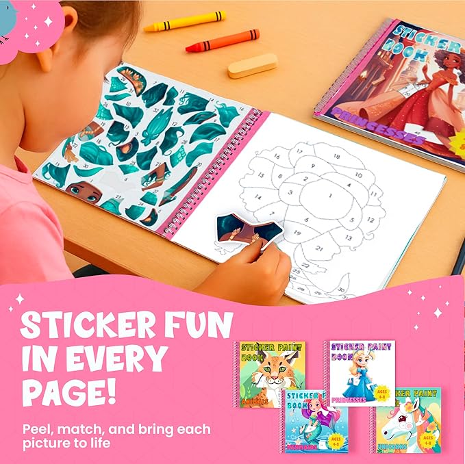 BulbaCraft 4Pcs Sticker Paint Books - Sticker Books by Number with Mermaids, Princesses, Animals and Horses - Coloring Activity