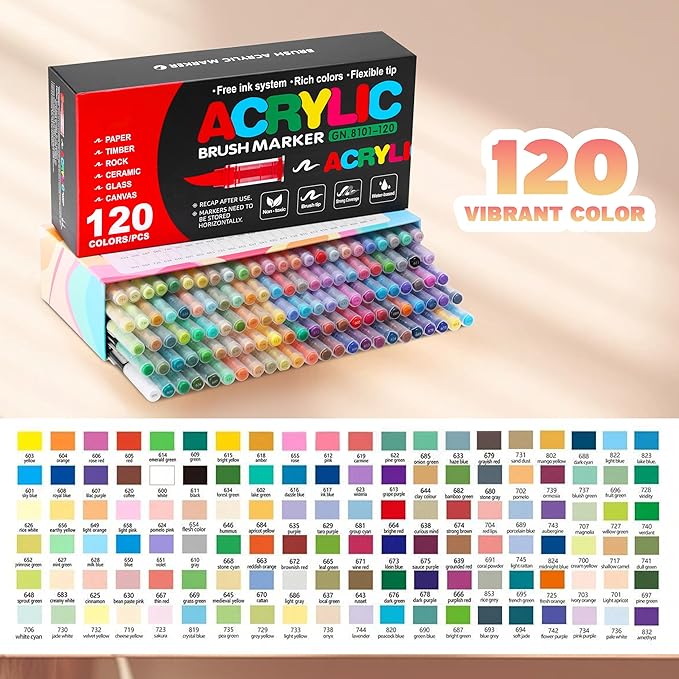 120 Colors Acrylic Paint Markers, Soft Brush Tip Acrylic Paint Pens for Stone, Wood, Glass, Rock Painting, Canvas, Ceramic, DIY Crafts Art Supplies
