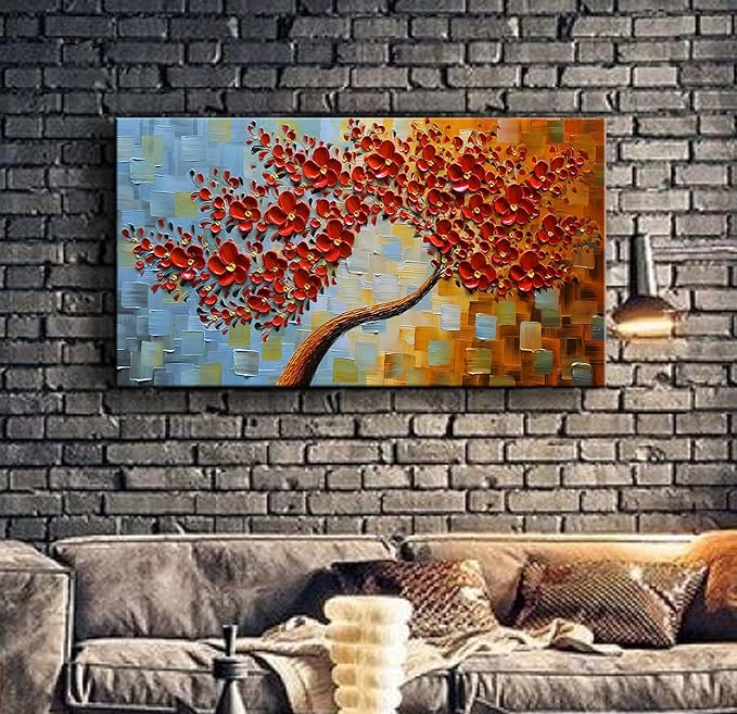 YaSheng Art- hand painted Contemporary Art Oil Painting On Canvas Texture Palette Knife 3D Red Flowers Tree Paintings Abstract Art Home Modern Bedroom Dining Room Living Room Wall Art Decor 20x40inch
