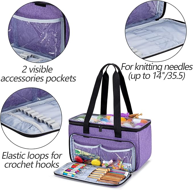 Yarwo Knitting Yarn Bag, Crochet Tote with Pocket for WIP projects, Knitting Needles(Up to 14”) and Skeins of Yarn, Christmas & New Beginnings Gifts for Women, Purple (Bag Only)