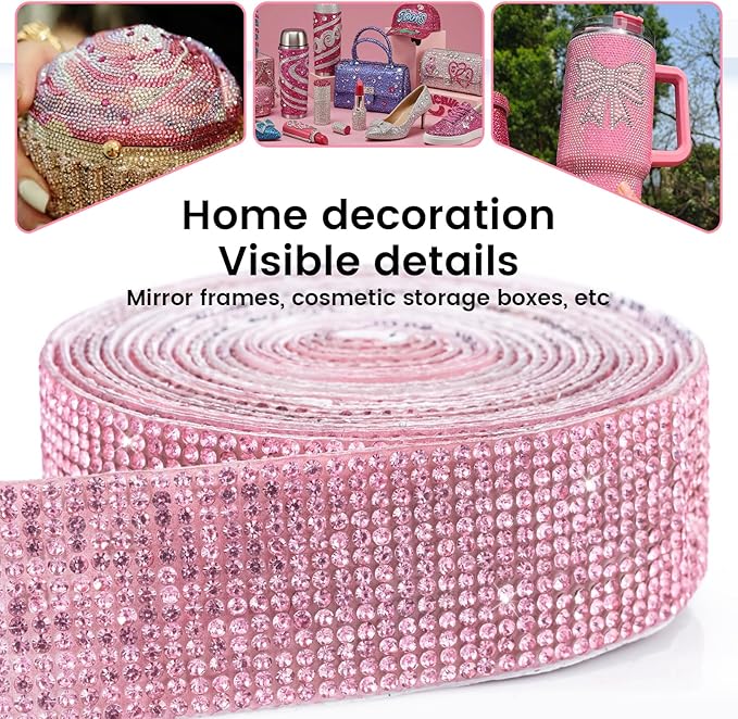 Novani Self Adhesive Rhinestone Ribbon, 1.14 Inch Wide 3 Yards 1 Roll, Pink Crystal Diamond Bling Strips for DIY Crafts, Home Decor, Glitter Glass Rhinestones for Crafting, Car Decoration