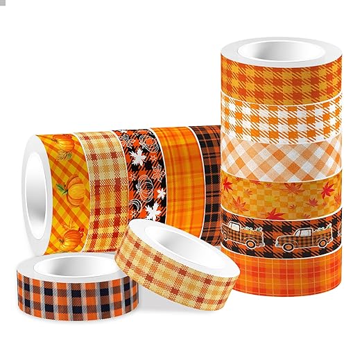 12 Rolls Fall Plaids Washi Tape, Autumn Maple Leaves Pumpkin Masking Washi Tape 15mm, Thanksgiving Harvest Decorative Tape Sticker for Scrapbook, Journal, DIY Craft, Gift Wrapping