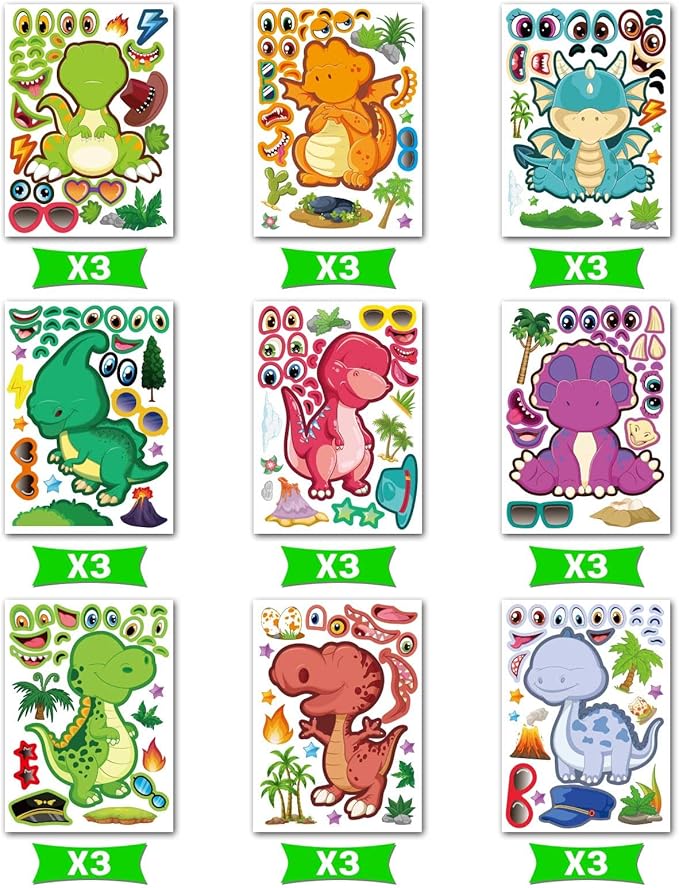27 Sheet Dinosaur Stickers Make Your Own Dino Stickers for Kids 3+, Make-a-face Sticker Boys Girls Dinosaur Birthday Party Decorations, DIY Craft Birthday Party Favor Supplies