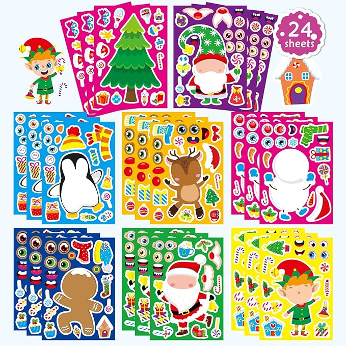 24 Sheets Christmas Stickers for Kids - Xmas Stocking Stuffers, Make-a-face Sticker, Make Your Own Stickers, Christmas Party Games Decorations, Winter Holiday Craft Supplies Xmas Gifts