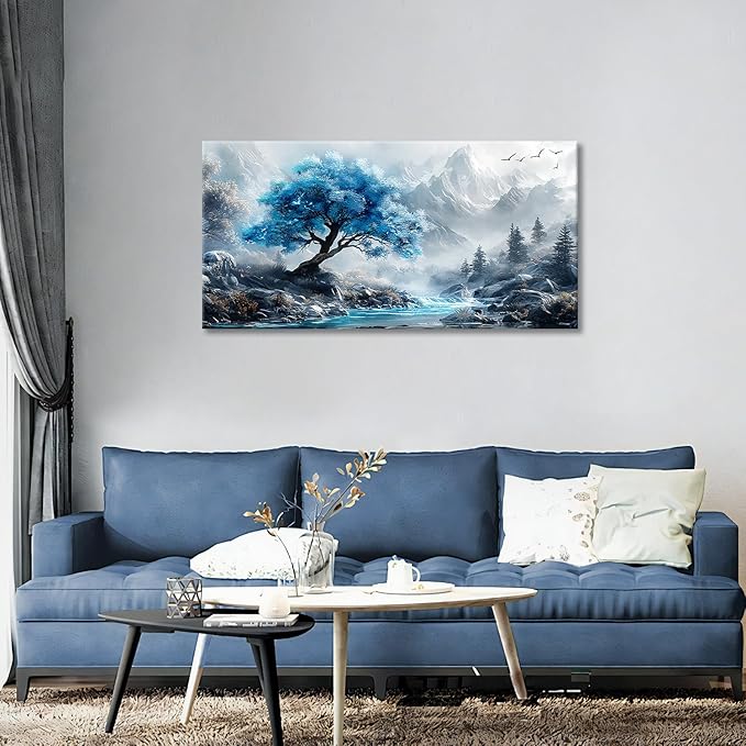WENTIAO Canvas Wall Art For Living Room, Large Blue Lakeside Forest Wall Decor For Bedroom Painting Mountain Fog Landscape Wall Pictures Artwork Office Frame Canvas Art Modern Home Decoration 60X120cm