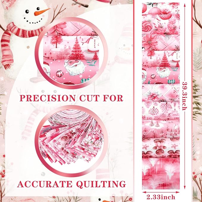 Fanfanwin 40 Pcs Pink Christmas Quilting Fabric Roll 2.56 Inch Precut Fabric Squares Jelly Patchwork Santa Claus Snowman Poinsettia Strips Materials for Winter Xmas Holiday Craft Sewing Panels DIY