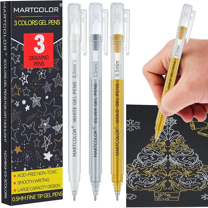 Gold Silver White Gel Pens, 0.5mm Extra Fine Point Opaque Archival Ink Pen for Black Paper Drawing, Art Highlight, Illustration, Bullet Journaling, Card Making & DIY Projects, 3 Pack