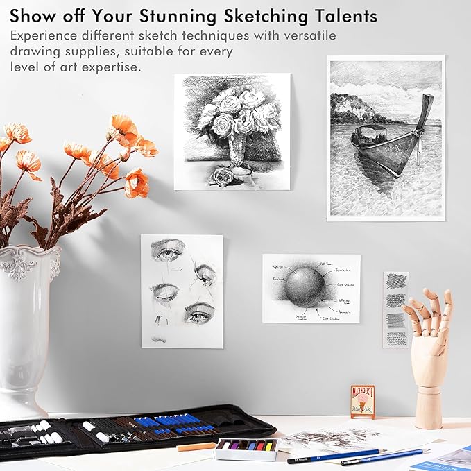 Shuttle Art 52 Pack Drawing Pencils Set, Professional Art Kit with Graphite Charcoal Sticks, Drawing Pad in Portable Case, Ideal for Kids and Adults Artists