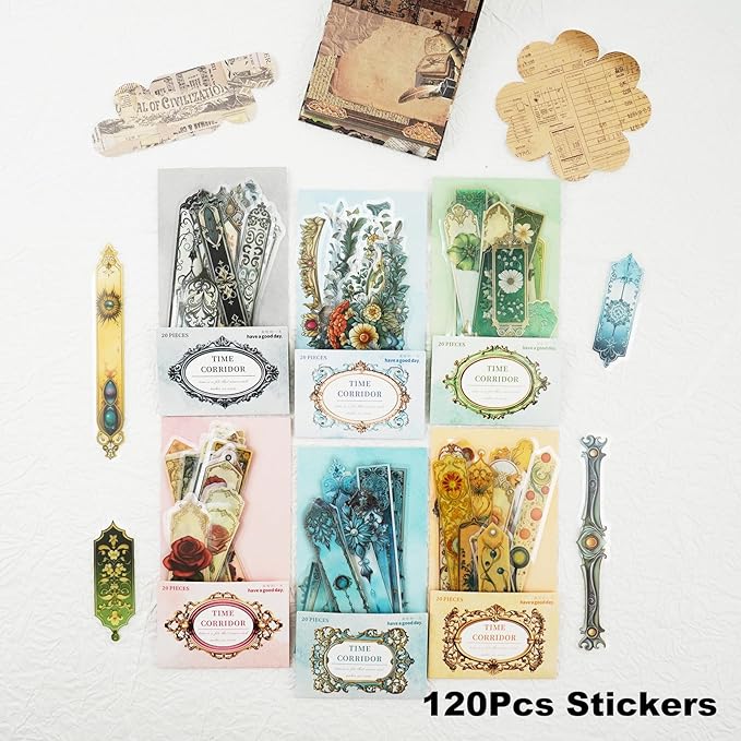 120PCS PET Strip Stickers, Gothic, Rose, Baroque, Emerald, Amber and Snow Style Designs in Vintage Aesthetic, Scrapbook and Journal Labels, Transparent Waterproof DIY Supplies