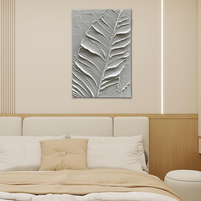 Art Hand-Painted Modern Minimalist Abstract Art Featuring White Leaf Texture - Oil Painting for Home Office Corridor Wall Decoration. 36x24 inches