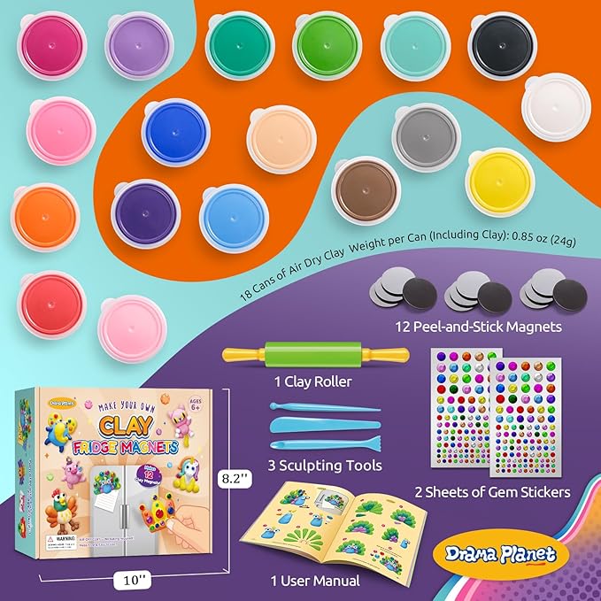 Make Your Own Clay Fridge Magnets Kit, Air-Dry Clay Crafts for Kids, Includes Instruction Book with 30 Designs, Makes 12 Fridge Magnets