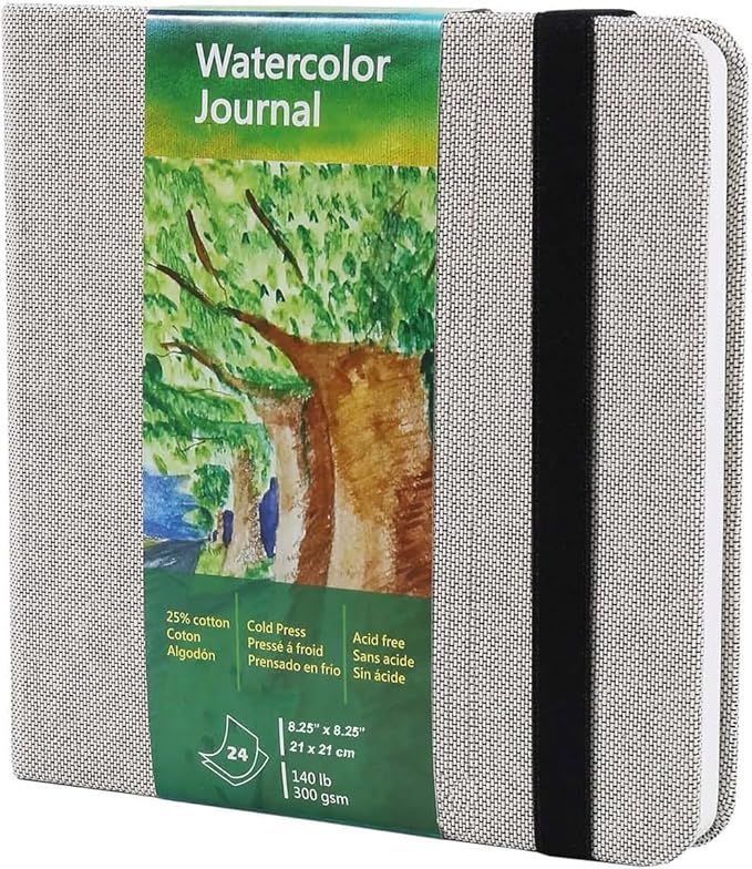 tumuarta Square Watercolor Journal, 8.25x8.25”, 140 LB, 300 GSM, 25% Cotton, Cold Press, 24 Sheets, 48 Pages, Watercolor Paper Sketchbooks for Use As Travel Mixed Media Pads Plein Air Set