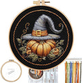 FONNUY Pumpkin Embroidery Kit for Beginners, Pre-Stamped Pattern Kits for Adults with Hoop, Easy to Follow Color Thread Needlework, 8'' Hoop (Witch Hat 1)
